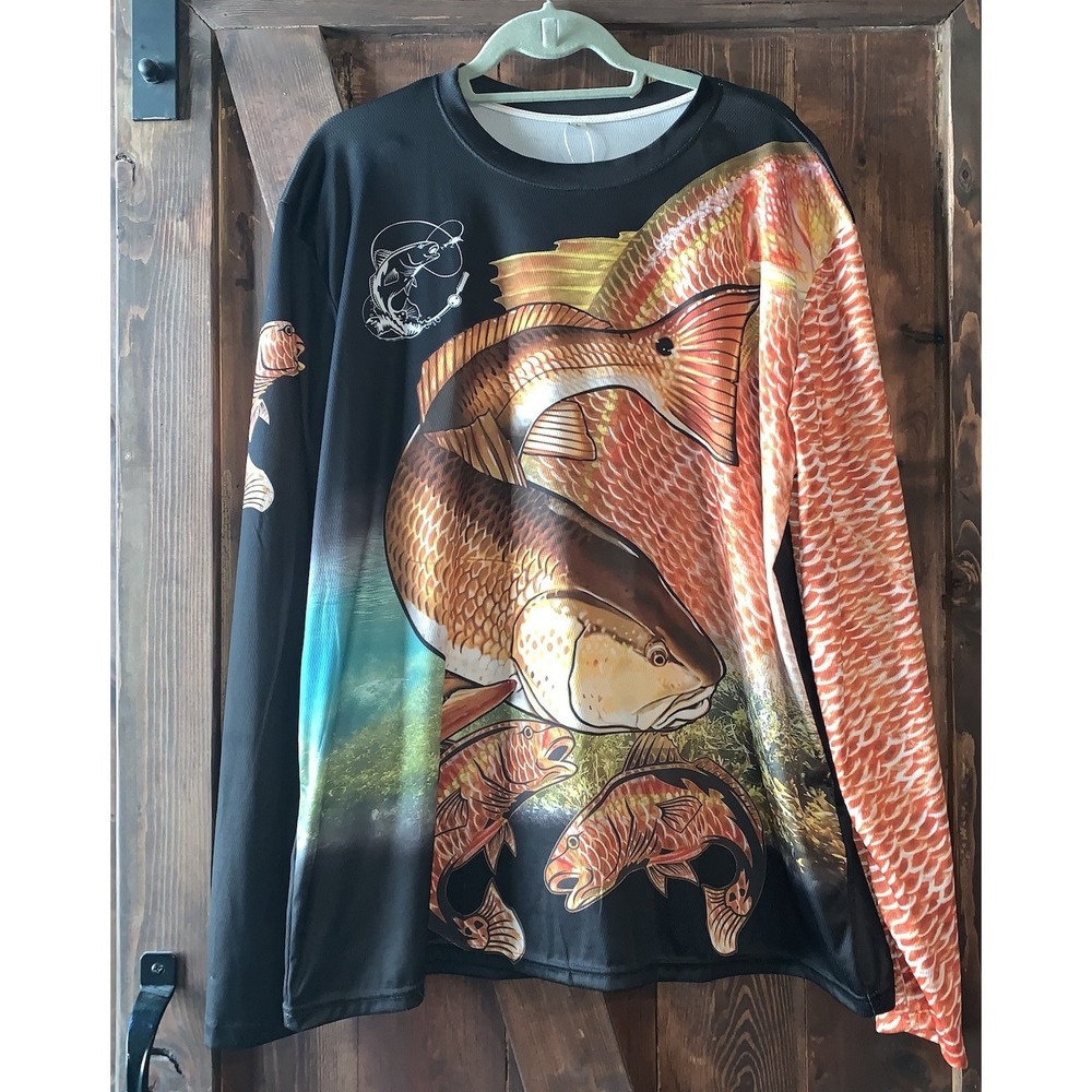 Fishing Shirt Long‎ Sleeve Red Fish Graphic Print Men's Size L New Without Tags